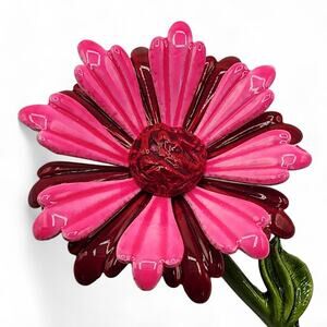 MCM Enamel Flower Power Pin Pink Cranberry Layered Brooch Green Stem Mod Pop